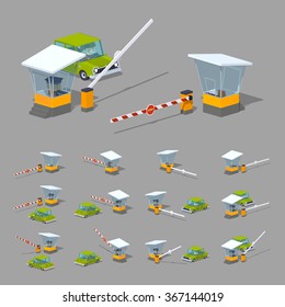 Barrier, toll booth and green car. 3D lowpoly isometric vector illustration. The set of objects isolated against the grey background and shown from different sides