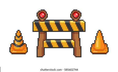 Barrier and traffic cone set pixel style - isolated vector illustration