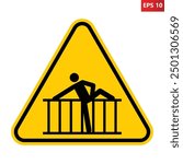 Barrier warning sign. Vector illustration of yellow triangle sign with man crossing fence icon inside. Restriction area. Dangerous zone. Safety warning. Cross barrier symbol.