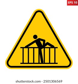 Barrier warning sign. Vector illustration of yellow triangle sign with man crossing fence icon inside. Restriction area. Dangerous zone. Safety warning. Cross barrier symbol.