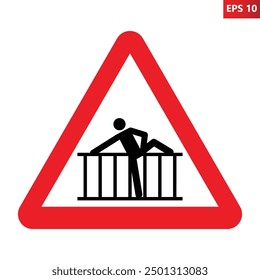 Barrier warning sign. Vector illustration of red triangle sign with man crossing fence icon inside. Safety warning. Cross barrier symbol. Restriction area. Dangerous zone.