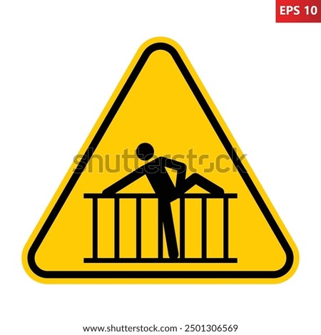 Barrier warning sign. Vector illustration of yellow triangle sign with man crossing fence icon inside. Restriction area. Dangerous zone. Safety warning. Cross barrier symbol.