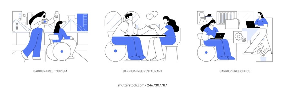 Barrier-free environment isolated cartoon vector illustrations set. Person wheelchair travel with friend, disabled person eating in restaurant, inclusive office, accessible city vector cartoon.