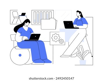 Barrier-free office isolated cartoon vector illustrations. Girl in a wheelchair leaves office, disabled people, urban lifestyle, accessible city, barrier-free environment vector cartoon.