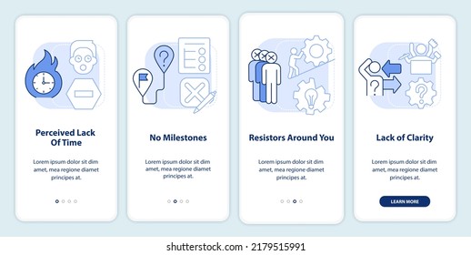 Barriers to change management light blue onboarding mobile app screen. Walkthrough 4 steps editable graphic instructions with linear concepts. UI, UX, GUI template. Myriad Pro-Bold, Regular fonts used