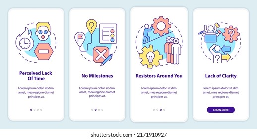 Barriers to change management onboarding mobile app screen. Business walkthrough 4 steps editable graphic instructions with linear concepts. UI, UX, GUI template. Myriad Pro-Bold, Regular fonts used