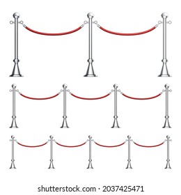 Barriers Chrome Column With Velvet Rope Set Vector. Different Length Fashion Event Barriers, Silver Metallic Fence With Cord. Movie Premiere In Cinema Template Realistic 3d Illustrations