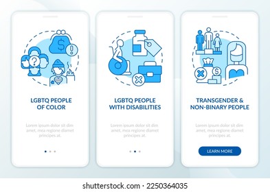 Barriers for different LGBTQ groups blue onboarding mobile app screen. Walkthrough 3 steps editable graphic instructions with linear concepts. UI, UX, GUI template. Myriad Pro-Bold, Regular fonts used