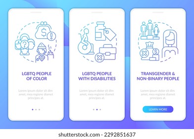 Barriers for different LGBTQ groups blue gradient onboarding mobile app screen. Walkthrough 3 steps graphic instructions with linear concepts. UI, UX, GUI template. Myriad Pro-Bold, Regular fonts used