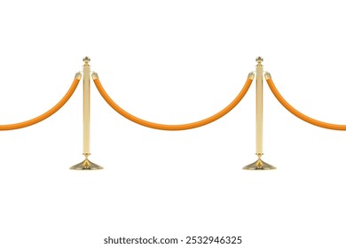 Barriers with orange rope, seamless line. Realistic golden stanchion poles