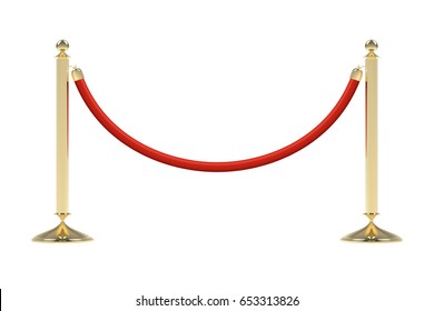 Barriers With Red Rope. Red Carpet Event Enterance Gate. VIP Zone, Closed Event Restriction. Realistic Image Of Golden Poles With Velvet Rope. Isolated On White Background. Vector Illustration.