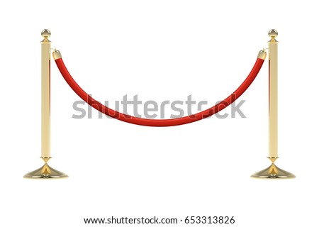 Barriers with red rope. Red carpet event enterance gate. VIP zone, closed event restriction. Realistic image of golden poles with velvet rope. Isolated on white background. Vector illustration.