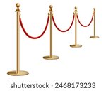 Barriers with red rope line. VIP zone, closed event restriction. Realistic image of golden poles with velvet rope. Isolated on white background