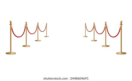 Barriers with red rope line. VIP zone, closed event restriction. Realistic image of golden poles with velvet rope. Isolated on white background