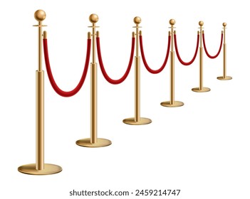 Barriers with red rope line. VIP zone, closed event restriction. Realistic image of golden poles with velvet rope. Isolated on white background