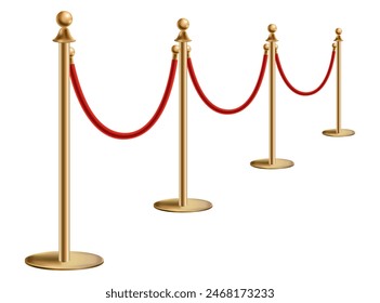 Barriers with red rope line. VIP zone, closed event restriction. Realistic image of golden poles with velvet rope. Isolated on white background