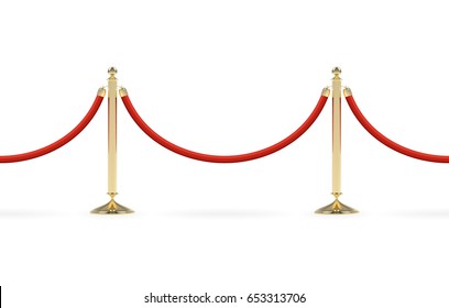 Barriers With Red Rope Seamless Line. Red Carpet Event Enterance. VIP Zone, Closed Event Restriction. Realistic Image Of Golden Poles, Velvet Rope. Isolated On White Background. Vector Illustration