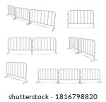Barriers work zone, pedestrian, construction realistic set. Metal lattice fence protecting road traffic, people. Portable equipment, barricade. Vector barriers isolated on white background.