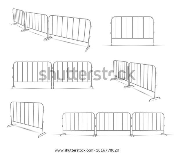 Barriers work zone, pedestrian, construction
realistic set. Metal lattice fence protecting road traffic, people.
Portable equipment, barricade. Vector barriers isolated on white
background.