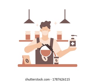 A barrista or coffee shop practicing safety health protocols by wearing a face mask and washing hand using hand sanitizer vector illustration