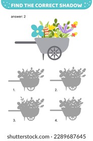 Barrow with flowers. Find the correct shadow. Shadow matching game. Flat, cartoon. Isolated vector illustration eps 10