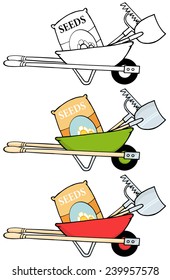 Barrow With Seeds, A Rake And Shovel. Vector Collection Set