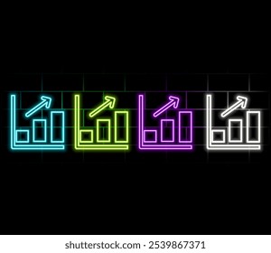 A bars graph, with an arrow going up. Financial graph with up trend line chart in stock market on neon color Widescreen background..