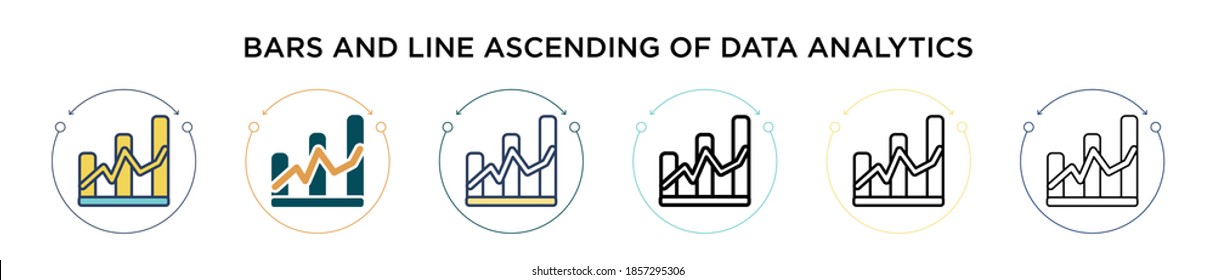 Bars and line ascending of data analytics icon in filled, thin line, outline and stroke style. Vector illustration of two colored and black bars and line ascending of data analytics vector icons 