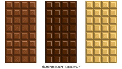 Barras de leche, chocolate blanco y negro. Gráficos vectoriales.