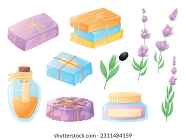 Bares de jabón natural hecho a mano e ingredientes orgánicos. Haciendo lavanda y jabón de oliva en el concepto de casa. Conjunto de ilustraciones de dibujos animados aislados vectoriales.