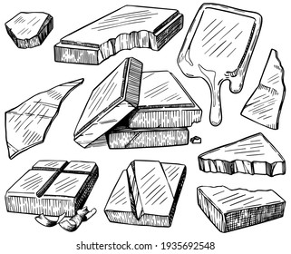 Bars, pieces, shavings of chocolate. Outline set of chocolate. Hand drawn vector illustrations. Engraving style cliparts isolated on white. Black sketch drawing for design, stickers, wrap, candy shop.