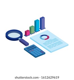 bars statistical with magnifying glass and icons vector illustration design