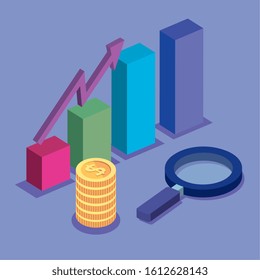 bars statistical with pile coins and magnifying glass vector illustration design