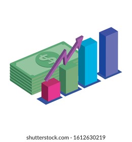 bars statistical with stack bills isolated icon vector illustration design