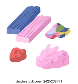 Bars of whole plasticine and plasticine products and lumps. Educational toys for small children. Raising and caring for children. Development of fine motor skills of the hands. Vector illustration.