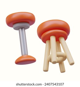 Bartolinas en la pierna cromada y taburete contrapeso con reposapiés. Mobiliario para bar y cocina. Sillas clásicas sin respaldo. Objetos vectores, vista inferior. Ilustración de color 3D