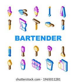 Bartender Accessory Collection Icon Set Vector. Bar Spoon And Grater, Juicer And Ice Breaker, Cocktail Shaker And Jiggers Bartender Tools Isometric Sign Color Illustrations