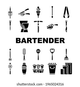 Bartender Accessory Collection Icons Set Vector. Bar Spoon And Grater, Juicer And Ice Breaker, Cocktail Shaker And Jiggers Bartender Tools Glyph Pictograms Black Illustrations