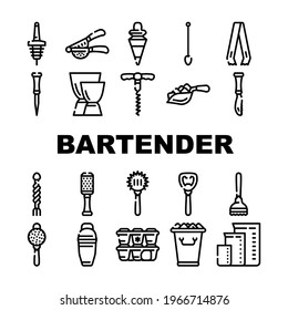 Bartender Accessory Collection Icons Set Vector. Bar Spoon And Grater, Juicer And Ice Breaker, Cocktail Shaker And Jiggers Bartender Tools Black Contour Illustrations