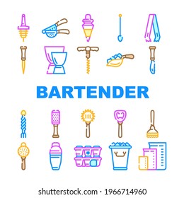 Bartender Accessory Collection Icons Set Vector. Bar Spoon And Grater, Juicer And Ice Breaker, Cocktail Shaker And Jiggers Bartender Tools Concept Linear Pictograms. Contour Illustrations