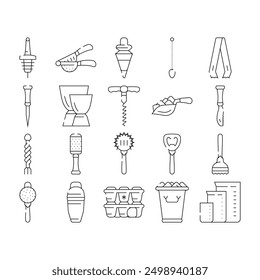 Bartender Accessory Collection Icons Set Vector. Bar Spoon And Grater, Juicer And Ice Breaker, Cocktail Shaker And Jiggers Bartender Tools Black Contour Illustrations