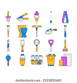 Bartender Accessory Collection Icons Set Vector. Bar Spoon And Grater, Juicer And Ice Breaker, Cocktail Shaker And Jiggers Bartender Tools color Contour Illustrations