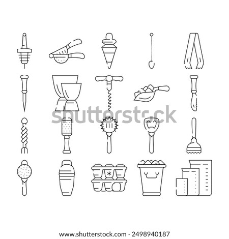 Bartender Accessory Collection Icons Set Vector. Bar Spoon And Grater, Juicer And Ice Breaker, Cocktail Shaker And Jiggers Bartender Tools Black Contour Illustrations