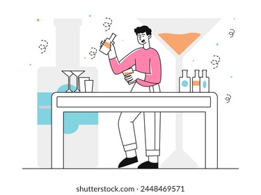 Bartender with alcoholic drinks linear. Man with bottle and glass. Bar or pub worker. Service man and catering worker. Beer or wine. Doodle flat vector illustration isolated on white background