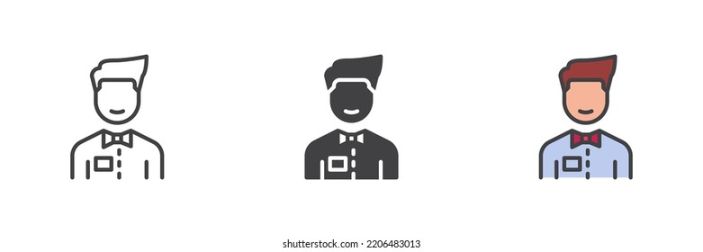 Bartender avatar different style icon set. Line, glyph and filled outline colorful version, waiter person outline and filled vector sign. Symbol, logo illustration. Vector graphics