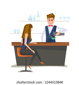 Bartender with bar counter. Barman makes a cocktail for nice woman. Vector illustration 