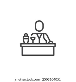 Bartender at bar counter line icon. linear style sign for mobile concept and web design. Bartender preparing a drink outline vector icon. Symbol, logo illustration. Vector graphics
