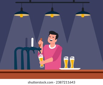 Bartender at bar pours beer into glasses. Alcohol drink. Barkeeper with ale pints. Man under lamps light. Pub order . Beverage cup. Nightlife in club. Barman profession