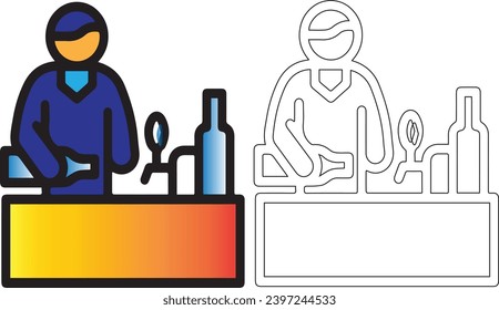 Bartender at bar table line icon, Craft beer concept, barman sign on white background, Bar counter and person .