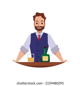 Bartender or barkeeper smiling friendly man behind bar counter, flat vector illustration isolated on white background. Bartender character for bar establishment emblem.